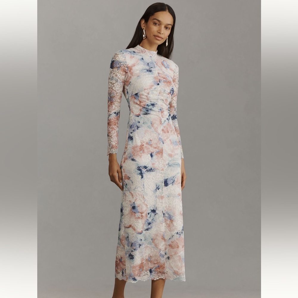 Anthropologie Pink and Blue Sheath Dress Long Sleeve Crew Neck